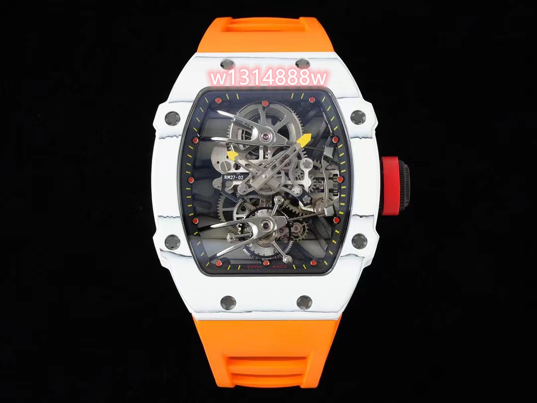 

Sport Tourbillon Watch RM27-02 All-carbon fiber Case Sapphire Crystal Mirror Back Fast-rotating clockwork case provides up to 52 hours of power storage, As shown