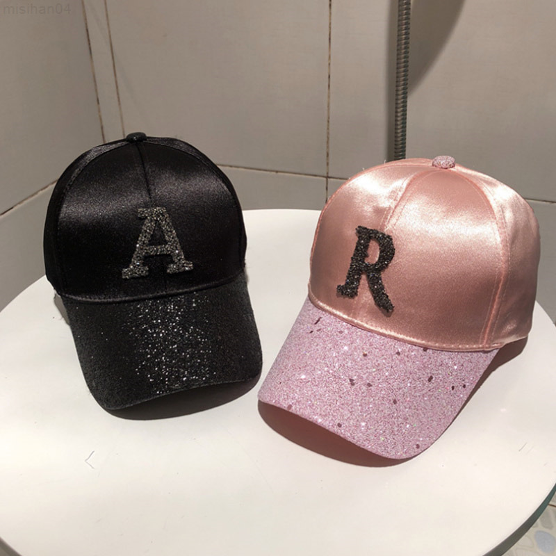 

Fashion Shiny Letter R Baseball Cap Women Girl Silk Satin Spring Summer Snapback Hats Outdoor Sports Hip Hop Sun Hats Female Y220716, Thin r gray