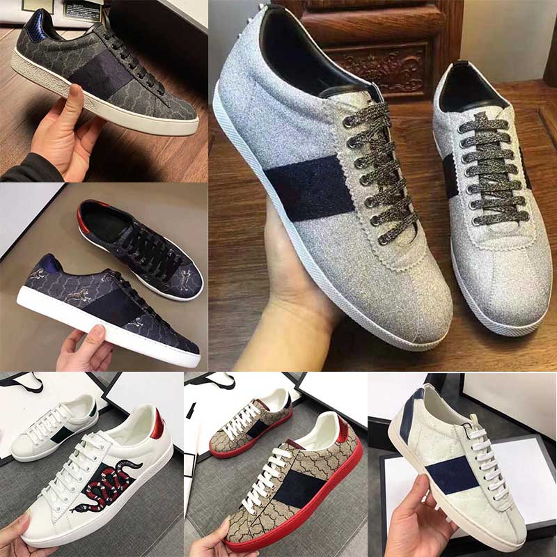 Luxury men's bee casual shoes women's white flat leather green red stripe embroidered embossed walking shoes for tiger and snake lovers