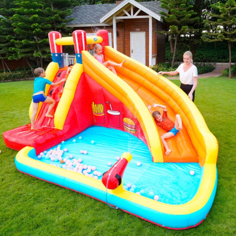 

Inflatable Water Slide Backyard Park with Climbing Wall, Splash Pool, Cannon, Heavy Duty Blower, Sprinkler, Stakes, Repair Patches, Storage Bag T0419
