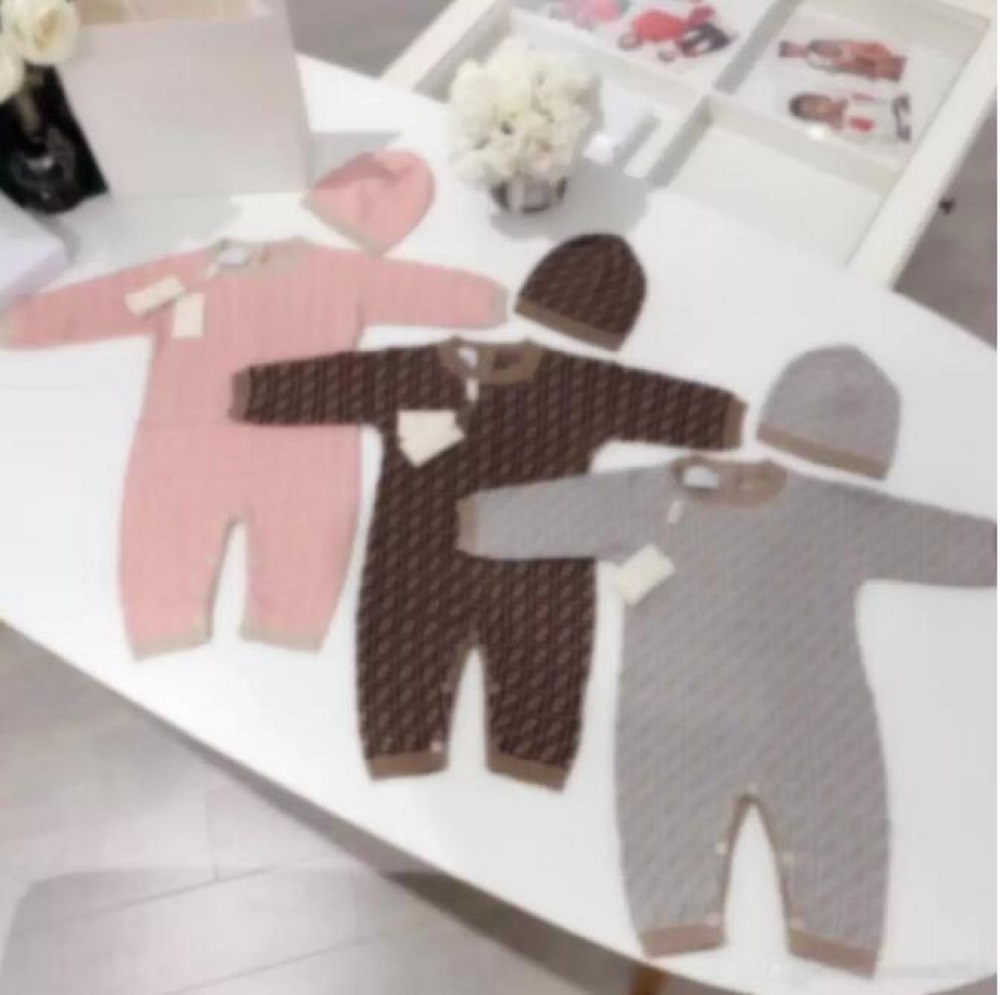 Autumn Winter Baby Knitting Rompers With Hats Infant Boys Girls Plaid Long Sleeve Jumpsuits Toddler Newborn Onesies Kids Romper g133