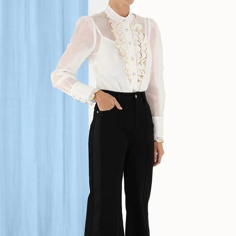 

Women's Blouses & Shirts High Quality Blouse For Women Stand Collar Silk Linen Organza Puff Sleeve Folds BlouseWomen's, Pink