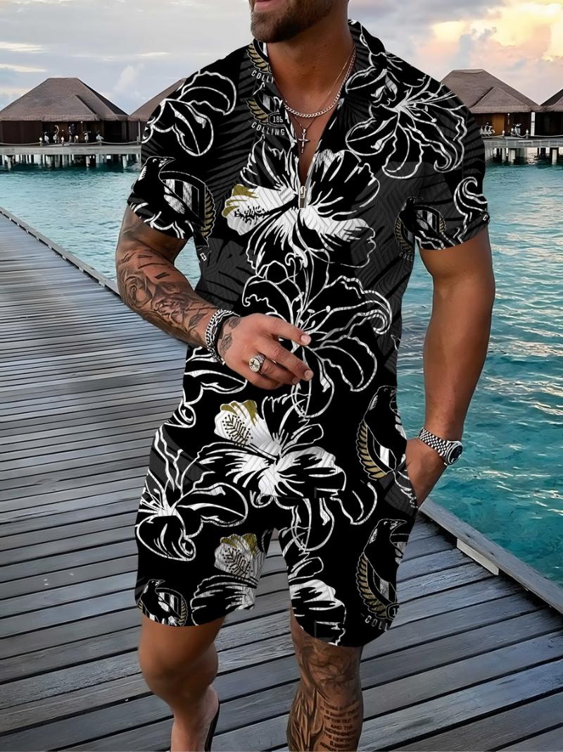 

Men' Tracksuits Men' Tracksuit Flower Sets For Men Hawaiian Style Beach Shirt Fashion Zipper Poloshirt Print 2 Piece Set Summer Shorts, Cs-xwy18