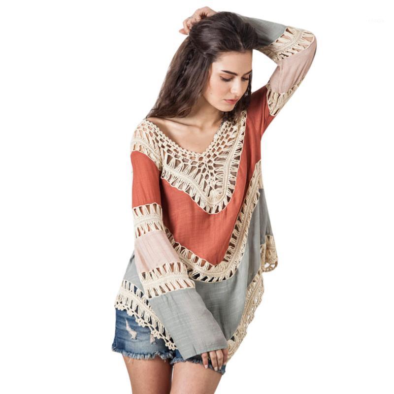 

Women's Blouses & Shirts Womens Tops And Blue Hollow Out Long Sleeve Summer Blouse Women Vintage 2022 Patchwork Ladies Top