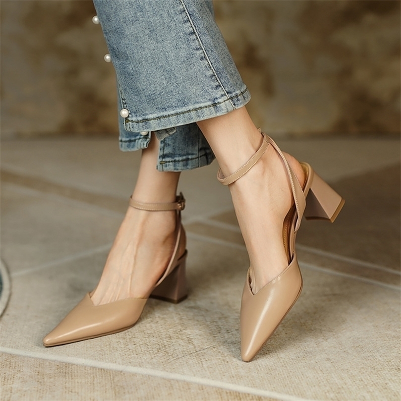 

Summer Women Sandals Pointed Toe High Heels Thick Shoes Back Strap Heeled Elegant Party 220611, Khaki 6cm