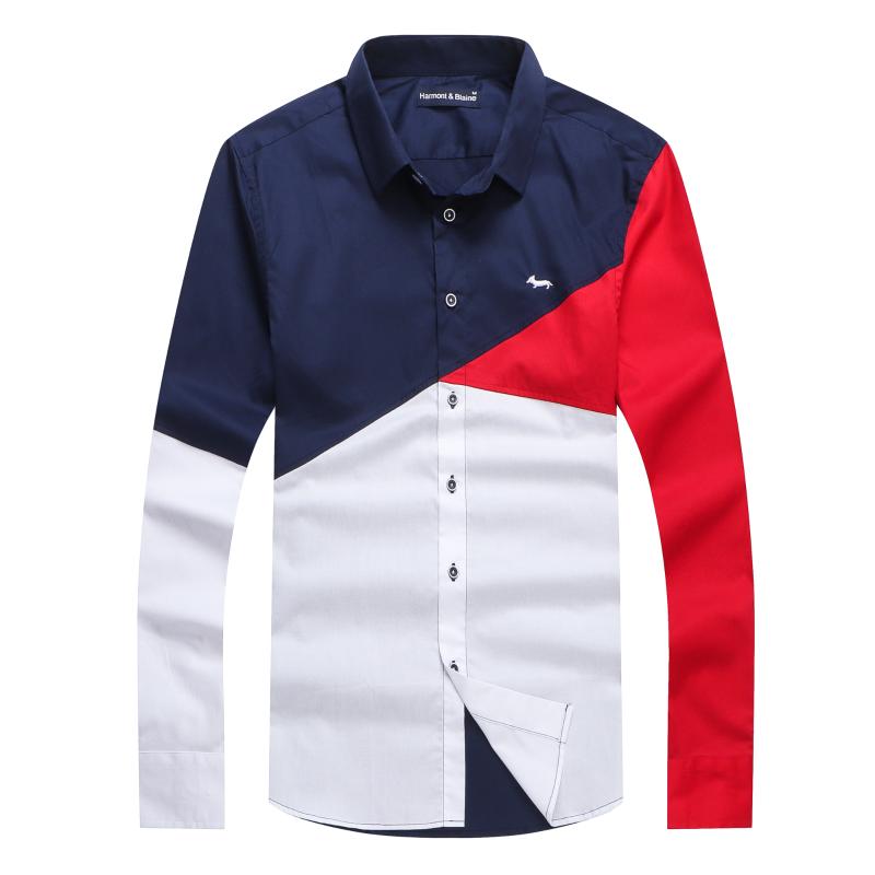 

Men's Casual Shirts Patchwork Men Cotton Long Sleeve Harmont Male Blouse Blaine Camisa Masculina Homme ShirtsMen's, White