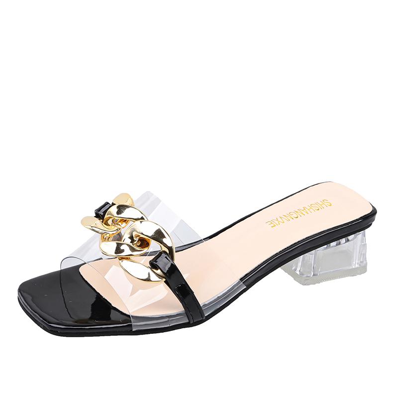 

Slippers Black Metal Chain Decorated Ladies 2022 Summer Slipper Women Shoes Woman Slides Split Open Toe