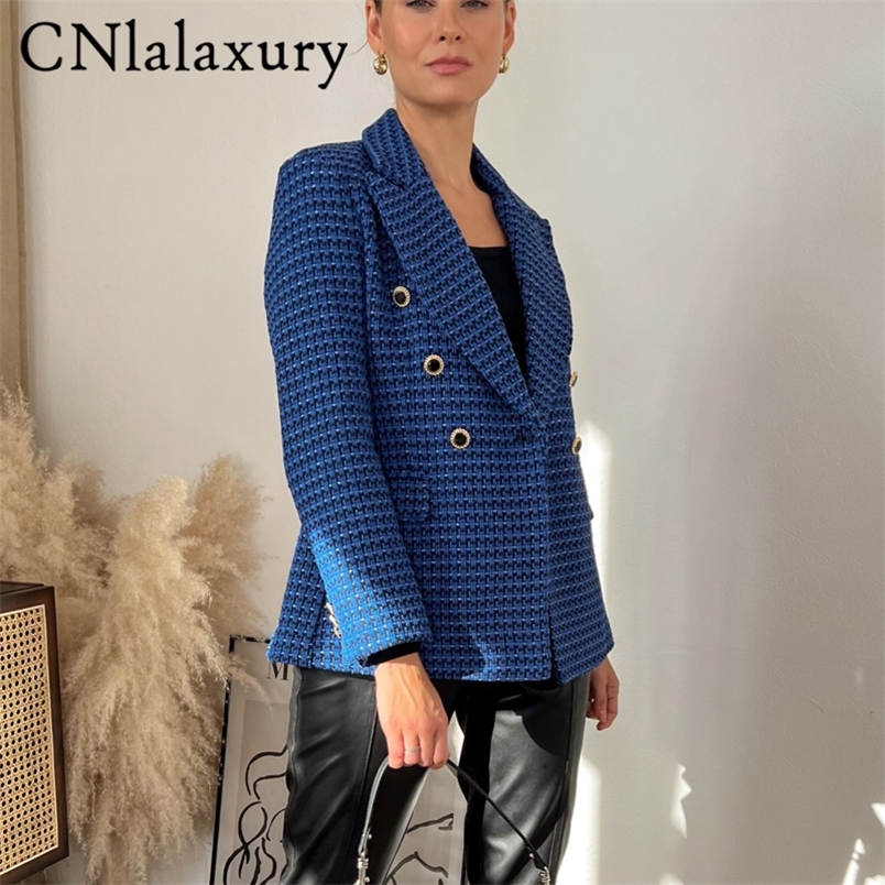 

CNlalaxury Women Fashion Office Wear Double Breasted Blue Tweed Blazer Coat Vintage Long Sleeve Female Jacket Outwear Chic Tops 220402, Color5