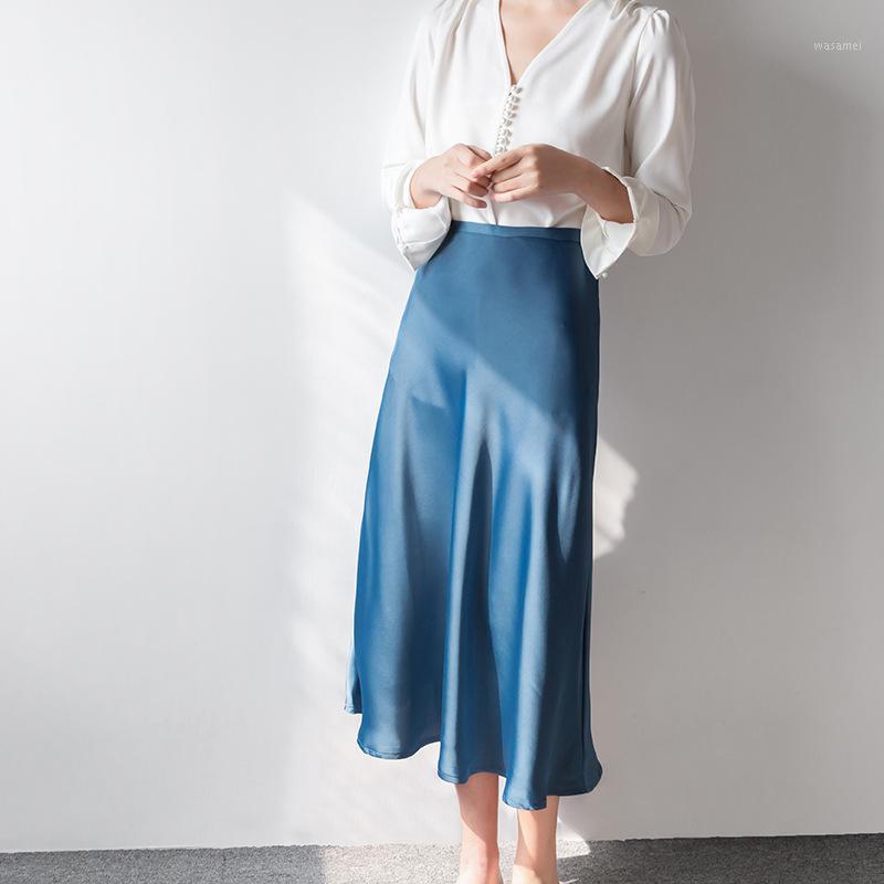 

Skirts Summer Women Satin Silk Skirt Elegant Solid Color High Grade Loose Office Lady Blue Womens Long Korean