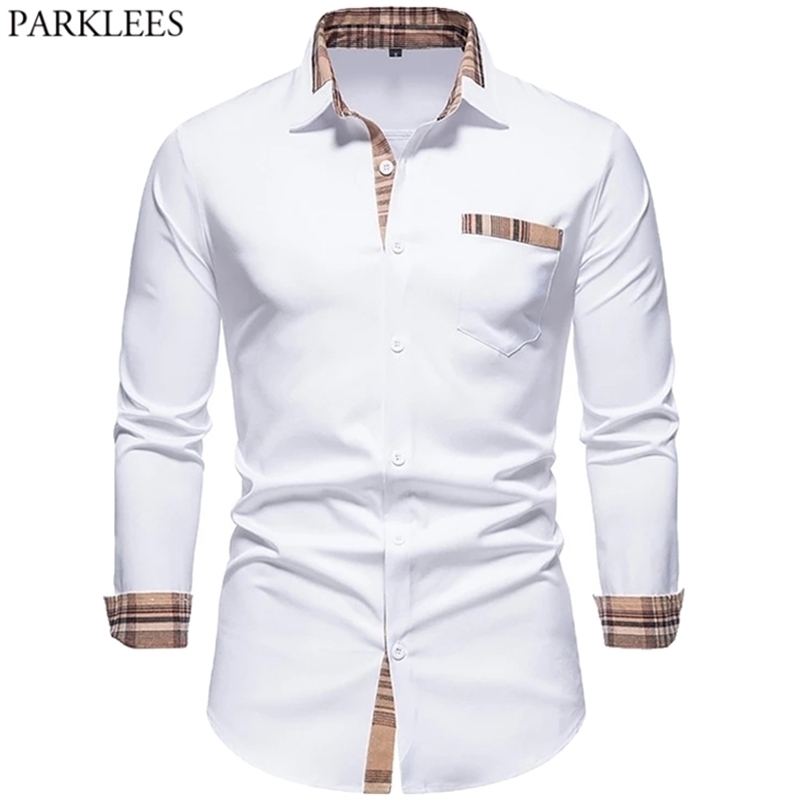 

PARKLEES Autumn Plaid Patchwork Formal Shirts for Men Slim Long Sleeve White Button Up Shirt Dress Business Office Camisas 220401, Red a220