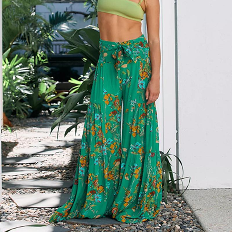 

Women' Pants & Capris Women Floral Printing Loose Pleated Flared Palazzo Summer High Waist Wide Leg Boho Beach Trousers Casual Streetwear F