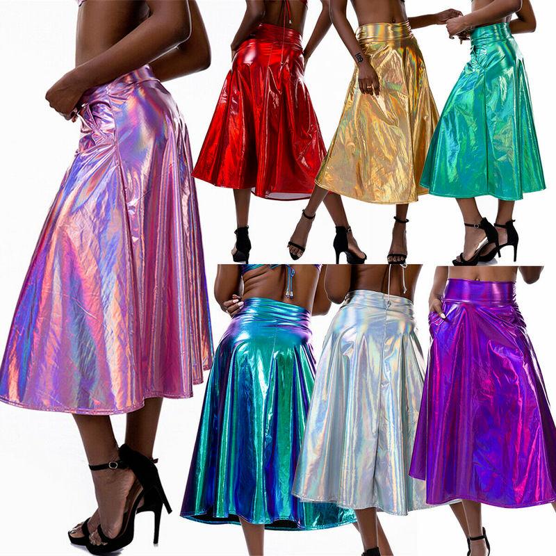 

Skirts Women Shiny Holographic Midi Skirt High Waist A-Link Laser Metallic Long Summer Party Club Festival Outfits Pleated, Pink