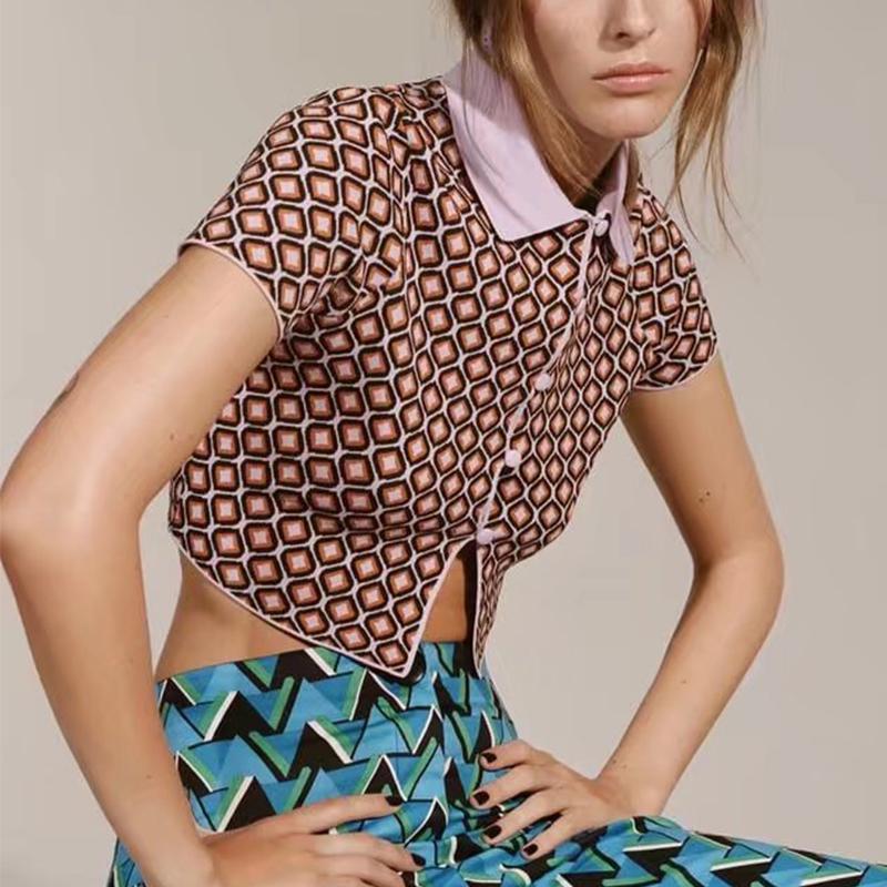 

Women' Knits & Tees Summer 2022 Women Geometry Jacquard Knitted Cardigan Short Sleeve Turn-down Collar Chic Female Single Breasted Cropped, Light purple