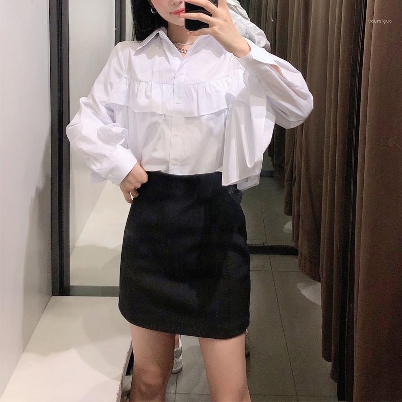 

Women's Blouses & Shirts Summer Casual Solid Color Lapel Long-sleeved Ruffled Decorative Shirt, White