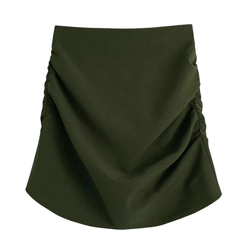 

TRAF Women Fashion With Side Pleated Mini Skirt Vintage High Waist Back Zipper Female Skirts Mujer 220322, As picture