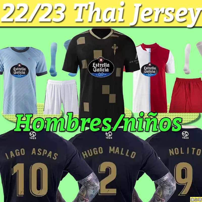 

22 23 Celta de Vigo soccer jerseys 100th anniversary IAGO ASPAS away black 2022 2023 camiseta de futbol NOLITO MALLO SOLARI S. MINA Brais Mendez football shirt full set, Home