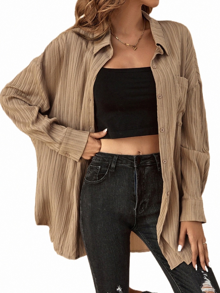 

drop Shoulder Curved Hem Pocket Patched Shirt H48d#, Khaki