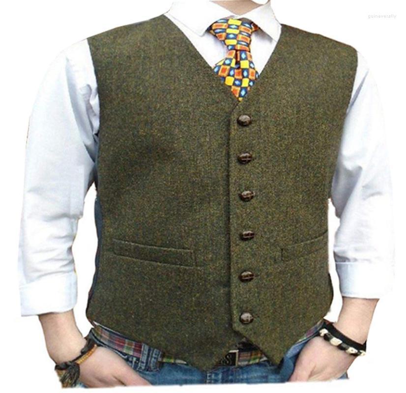 

Men's Vests Suit Vest V Neck Army Green Wool Herringbone Tweed Casual Waistcoat Formal Business Groomman For Wedding Guin22