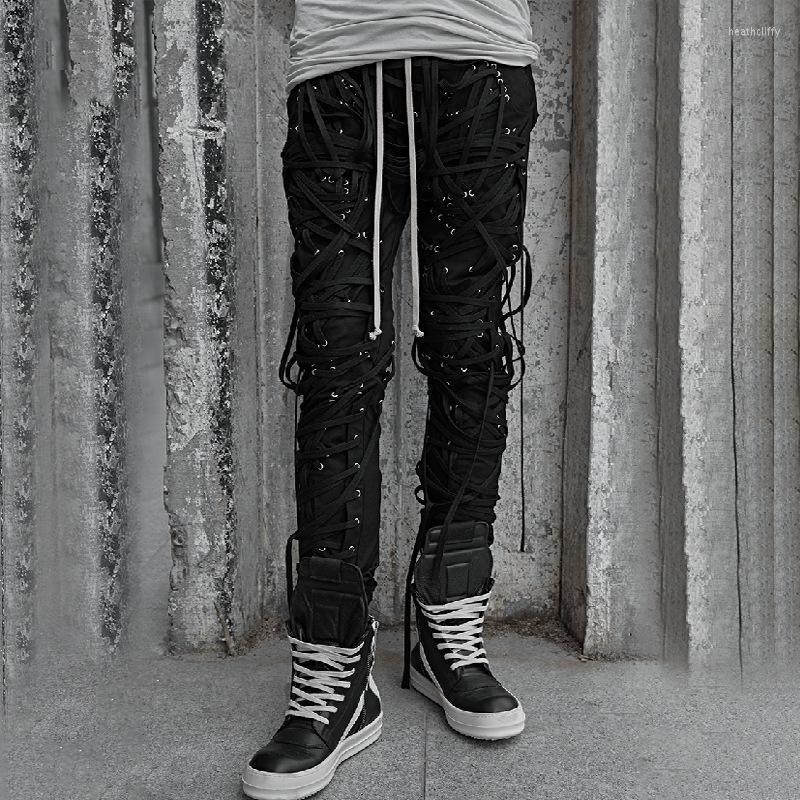 

Men' Jeans Spring 2022 Niche Patchwork Strings Bandage Trouser High Waist Casual Slim Drawstring Long Pants Streetwear FashionMen' Heat22, White