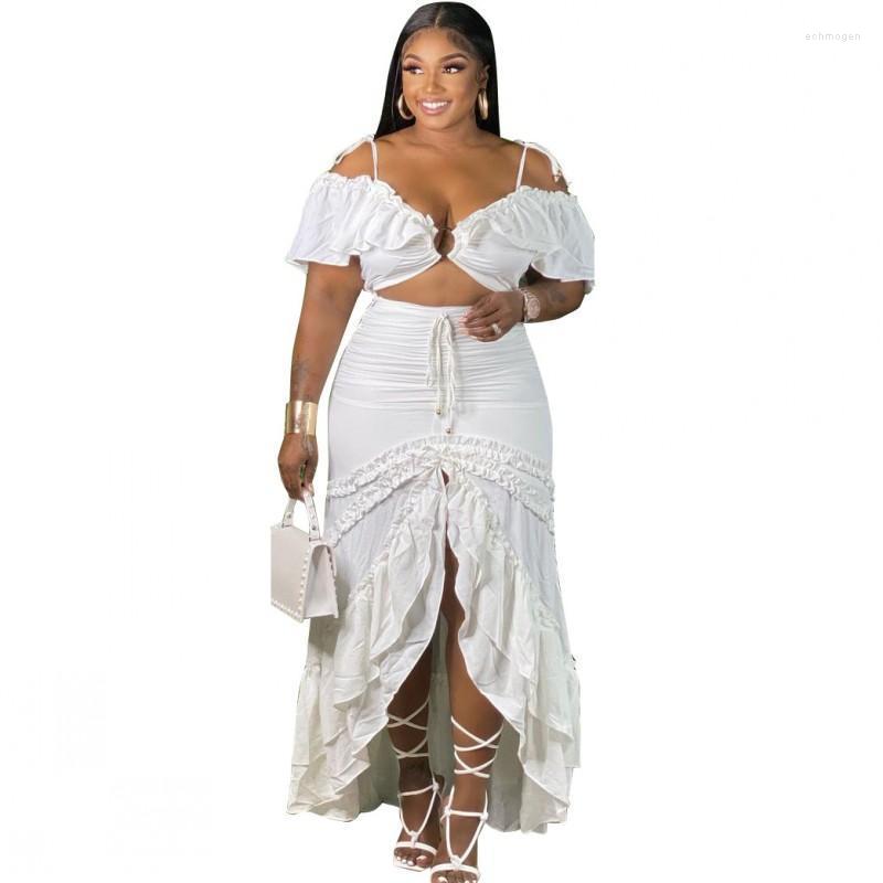 

Plus Size Dresses Long Ruffle Dress For Women 5XL Deep V Neck Off The Shoulder Robe Summer Fashion Solid Hollow Street Style Sexy Echm22, White