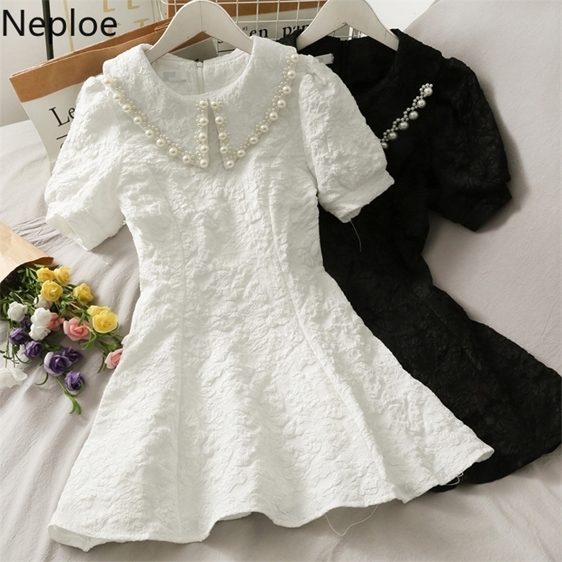 Neploe mini robe femme élégante manche bouffante robe robe de mode d'été fête noire vestidos mujer coréen haute taille perle robes 220705