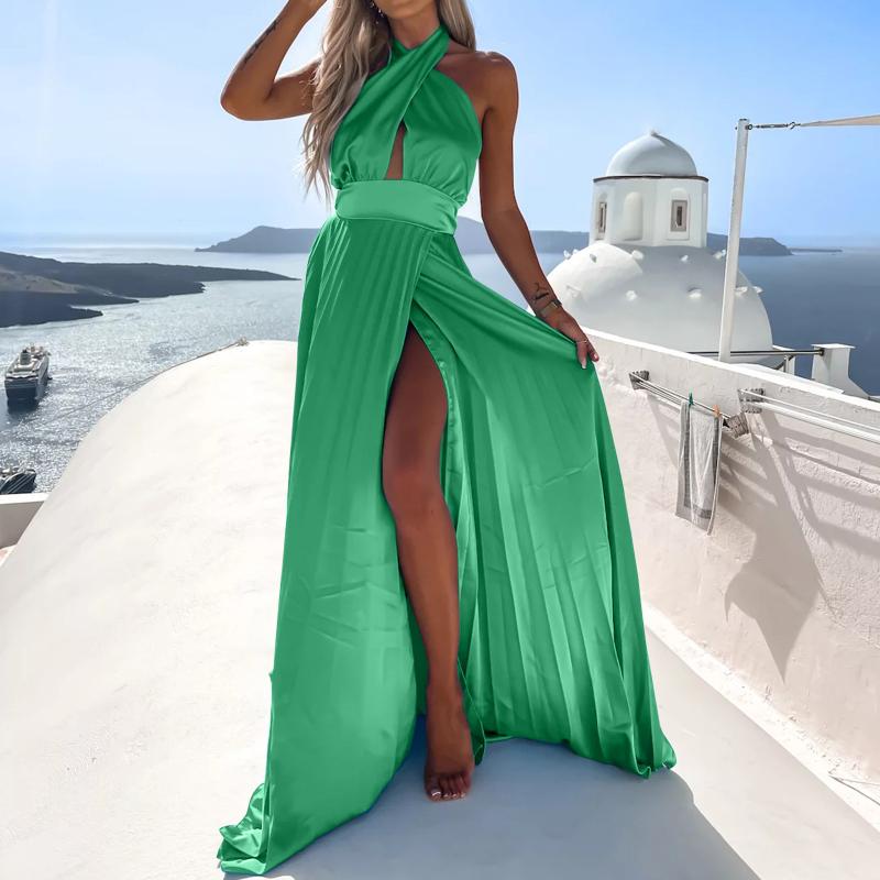

Casual Dresses Women Daily Slim Dress Long Sleeveless Cold Shoulder Solid&Print Split Hem Drawstring DressCasual, Black