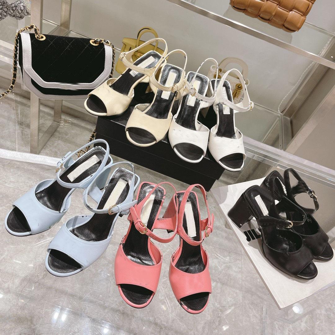 

2022 Women Lambskin Printed Sandals Pink Black High Heels Sandal Designer Fashion Single Dress Shoes Slingbacks Sexy Thick Heel Slide, Color 7