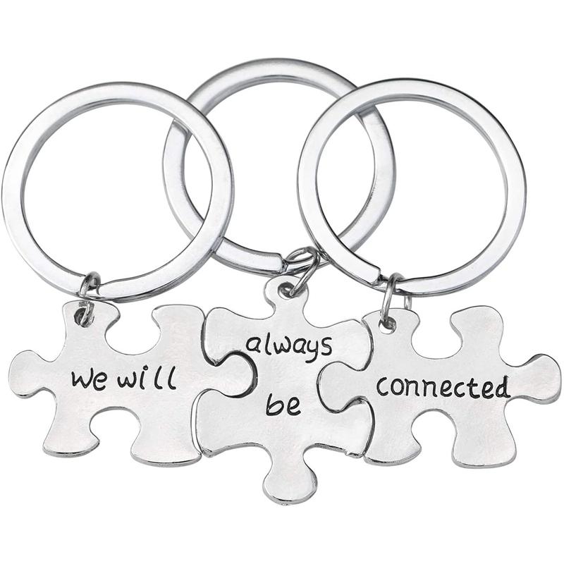 

Keychains "We Will Always Be Connected" Set Of 3 Keyrings Made Interlocking Puzzle Pieces Silver Metal