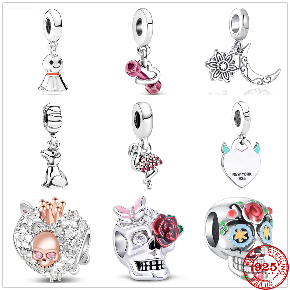 925 Sterling Silver Dangle Charm Dumbbell Sunny Doll Skull Rabbit Moon Beads Bead Fit Charms Bracelet DIY Jewelry Accessories