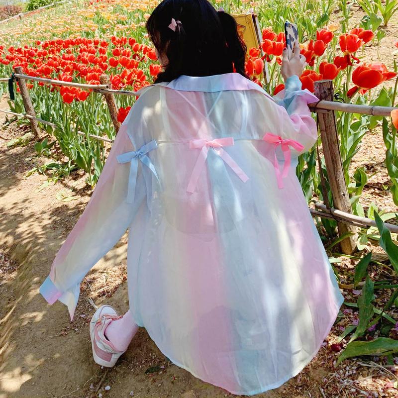 

Women's Blouses & Shirts Fashion Sweet Cute Bow Tops Summer Chic See-through Gradient For Women All Match Casual Loose Sunscreen FemmeWomen', As picture