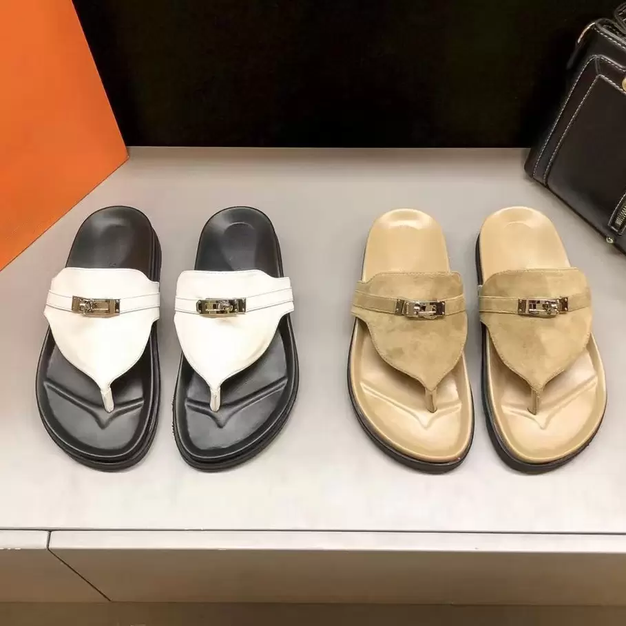

Designer Slippers Women Empire Sandals Leather Suede Slipper Black White Rubber Flip Flops Metal Button Platform Sandal Fashion