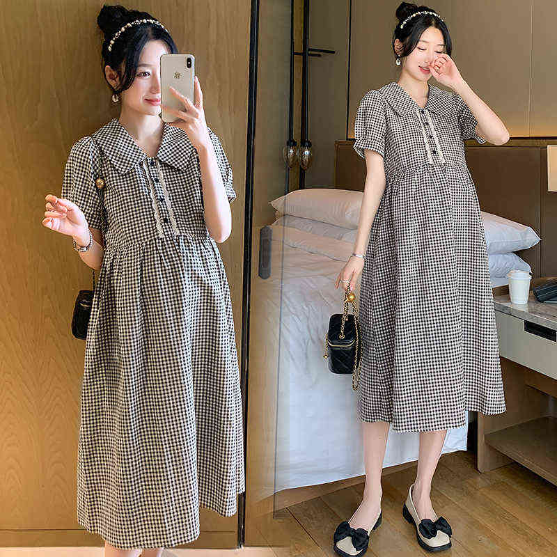 

6002# Summer Korean Fashion Plaid Maternity Long Dress Sweet OL Formal Work Ladies Clothes for Pregnant Women Pregnancy Clothing G220418, Black