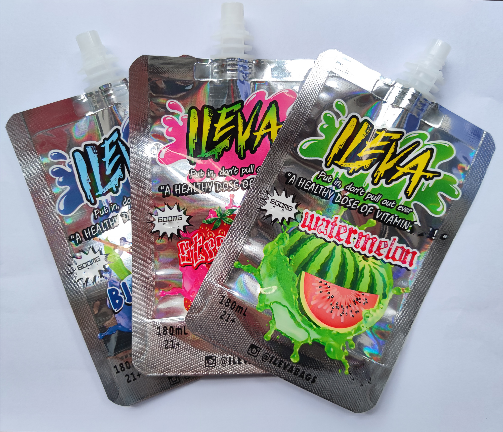 

Empty 600mg Nozzle juice bag with bottle cap ILEVA BAG infused Beverage liquid flower cali packs blueberry watermelon cherry smell proof Suction EDIBLE mylar bags
