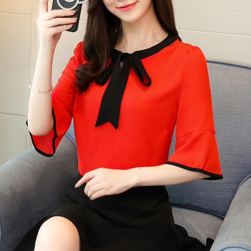 

Women's Blouses & Shirts 2022 Spring Summer Fresh Chiffon Tops For Young Lady Flare Sleeves With Bow Knot Office School Girl Design, Red