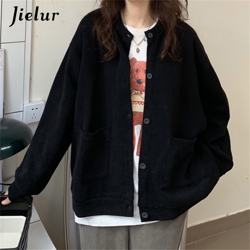 

Jielur Single Breasted Loose Solid Color Knitted Cardigan Jacket Women Green Long Sleeve Pockets Sweater Gray Chic Coat Female 220811, White