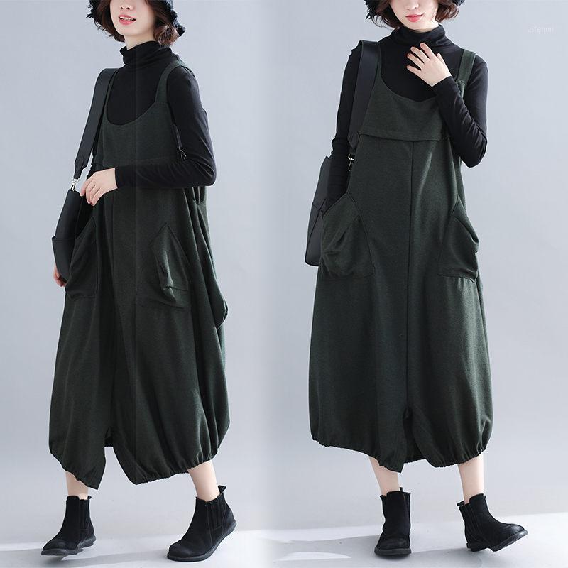 

Casual Dresses 2022 Autumn And Winter Retro Strap Dress With Big Pockets Comfortable Loose Extra Large Size Women' Baggy Clothing Robes M10, Black