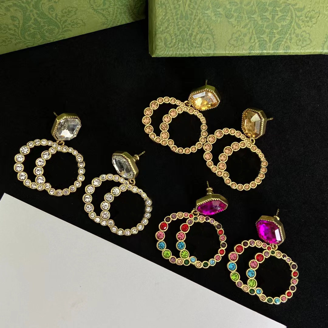 

New 2022 Crystal Colored Gemstones Double Letter Charm Earrings aretes Women's Luxury Designer Earrings High Quality With Box