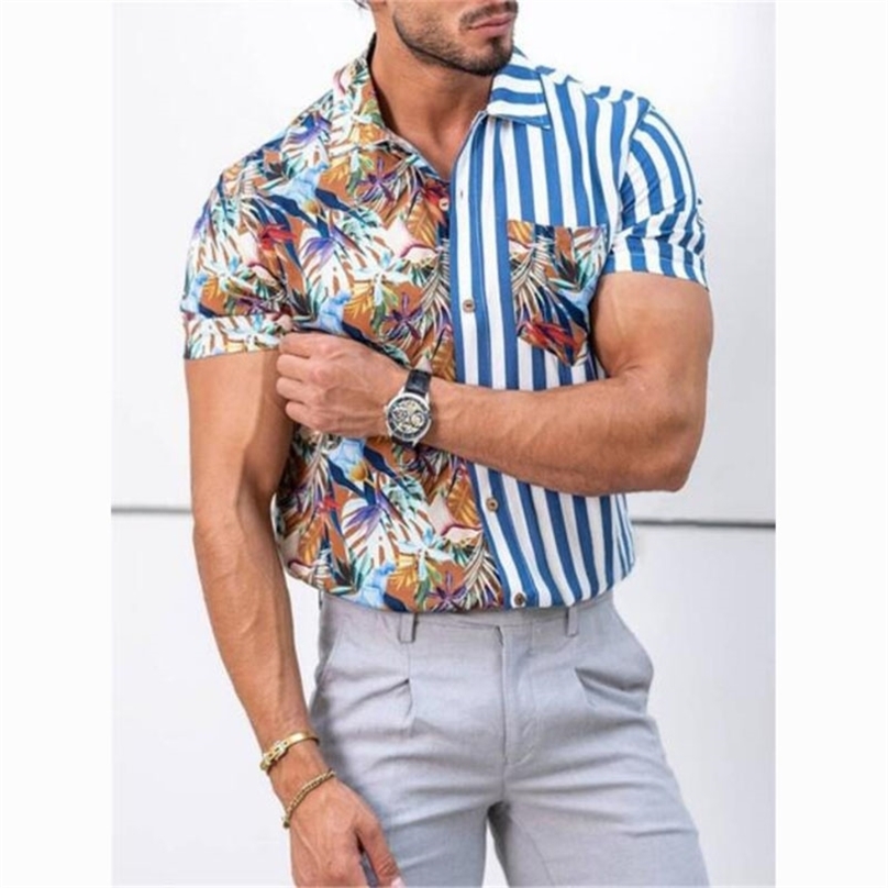 

Mens Shirts Summer Fashion Trend Striped Floral Contrast Splicing Printed Hawaiian Beach Holiday Casual Short Sleeve Shirts 220615, Photo color