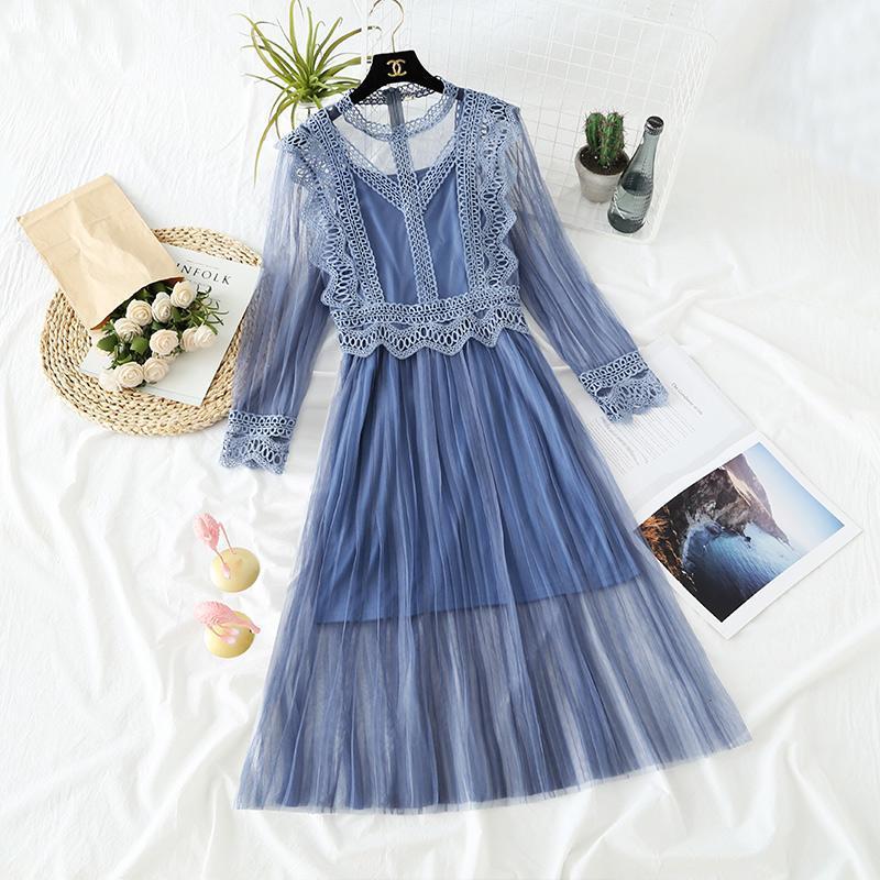 

Casual Dresses Summer Autumn Women Dress High Waist Embroidery Mesh Pleated Voile Lace Female Long Sleeve Vestidos SF1043, Black