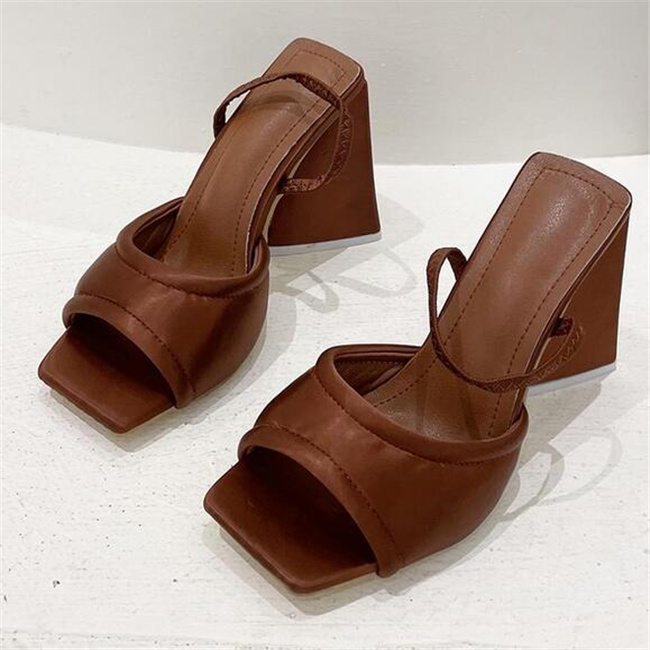 

2022 Fashion Women Sandals Summer Triangle High Heel Sexy Satin Soft Padded Party Shoes Comfort Runway Back Strap Dress Sandals, Brown