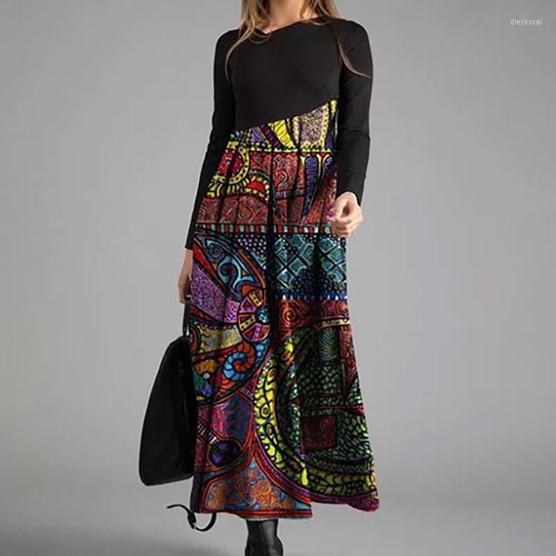 

Casual Dresses Females Vintage Slim Long-sleeved Dress Long Bohemian Printed Women' Round Neck Loose Vestido Autumn Winter, Black