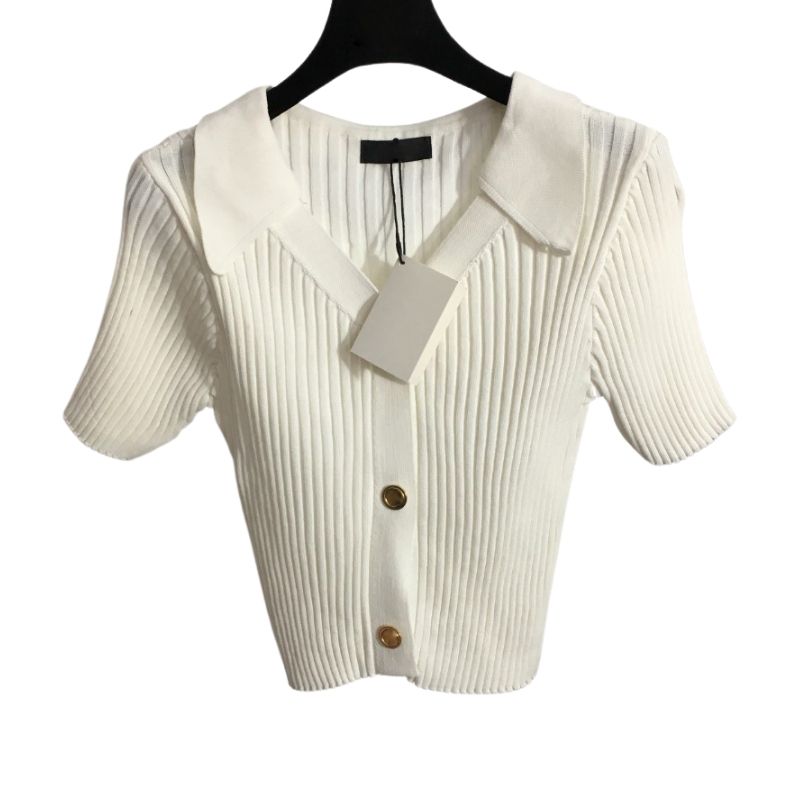 

2022 women's summer slim knit tee designer tops with letter buttons milan runway designer crop top t-shirt clothing high end brand elasticity striped pullover sweater, Black