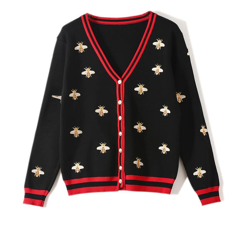 

2022 Fashion Designer Sweater Bee Embroidery Cardigan Coat Long Sleeve Single Breasted Contrast Color Button Knitted Sweaters, White