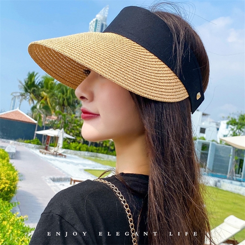 

Magic Tape Panama Women Straw Empty Top Womens Summer Hat Sun Protection Outdoor Sports Fishing Beach Chapeau MZ010 220615