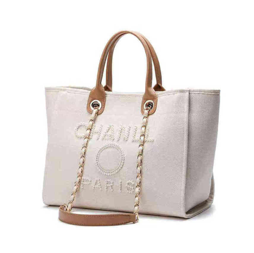 

Designer Luxury Classic Beach Bags Canvas Pearl Evening Bag Portable Shopping Large Capacity Handbag Brand Ch Women Handbags Label Backpack Ladies Satchel 504p, Beige