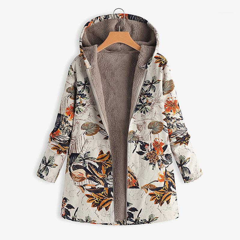 

Women' Winter Coat Floral Print Hooded Pockets Warm Vintage Oversize Coats Female Parkas Outwear 2022 Jackets And, Blue