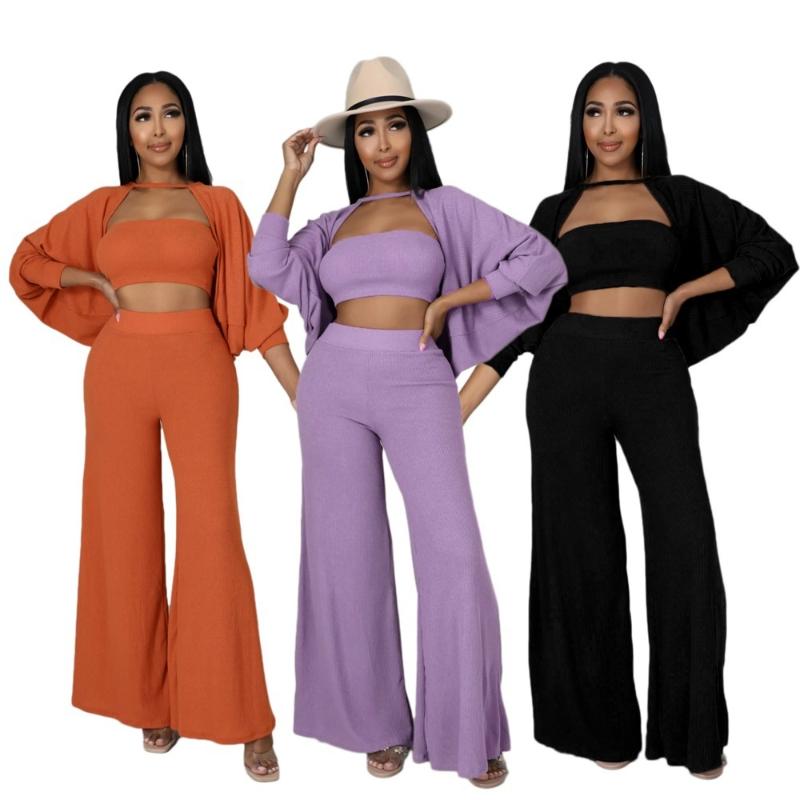 

Women' Two Piece Pants Women Elegant 3 Pieces Set 2022 Casual Crop Tube Top Knit Cape Coat With High Waist Wide Leg Flare Trousers Outfits, Black