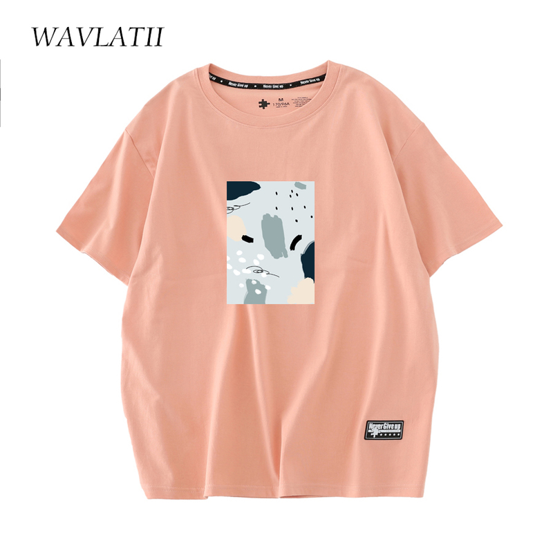 

WAVLATII Women Pink 100% Cotton TShirts Female Abstract Printed Streetwear Fashion Summer Short Sleeve Tees Tops WT2207 220615, Black