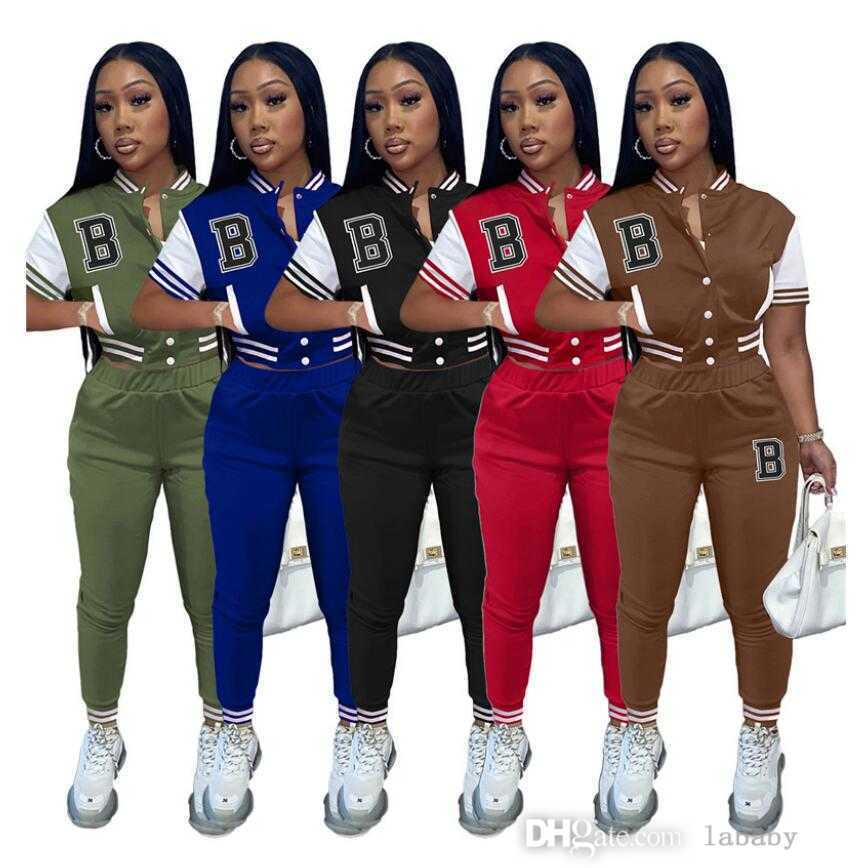 

Baseball Uniform Patchwork Tracksuits Women Short Sleeve T Shirt Sweatpants Two 2 Piece Set Spring Summer Clothes, Brown