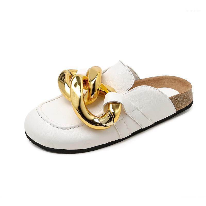 

Slippers HKNS Brand Design Women Slipper Fashion Big Gold Chain Sandals Shoes Round Toe Slip On Mules Flat Heel Casual Slides Flip, White